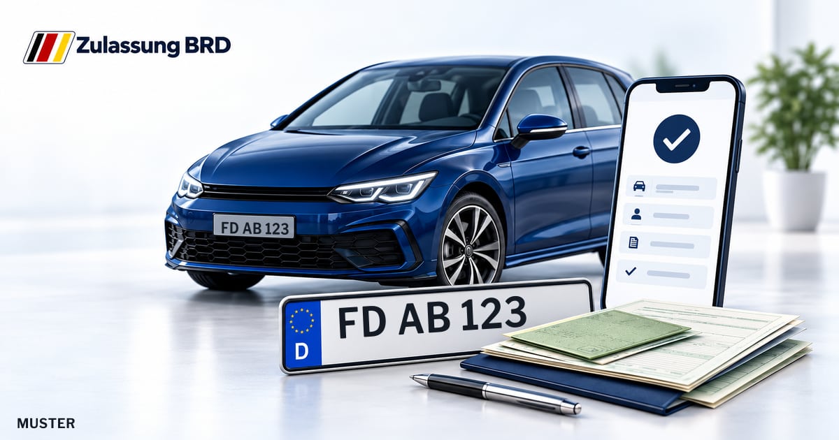 Online Fahrzeugzulassung in Eichenzell: Musterkennzeichen FD AB 123, Auto und Fahrzeugpapiere und Smartphone. Illustration mit Logo von Zulassung BRD.